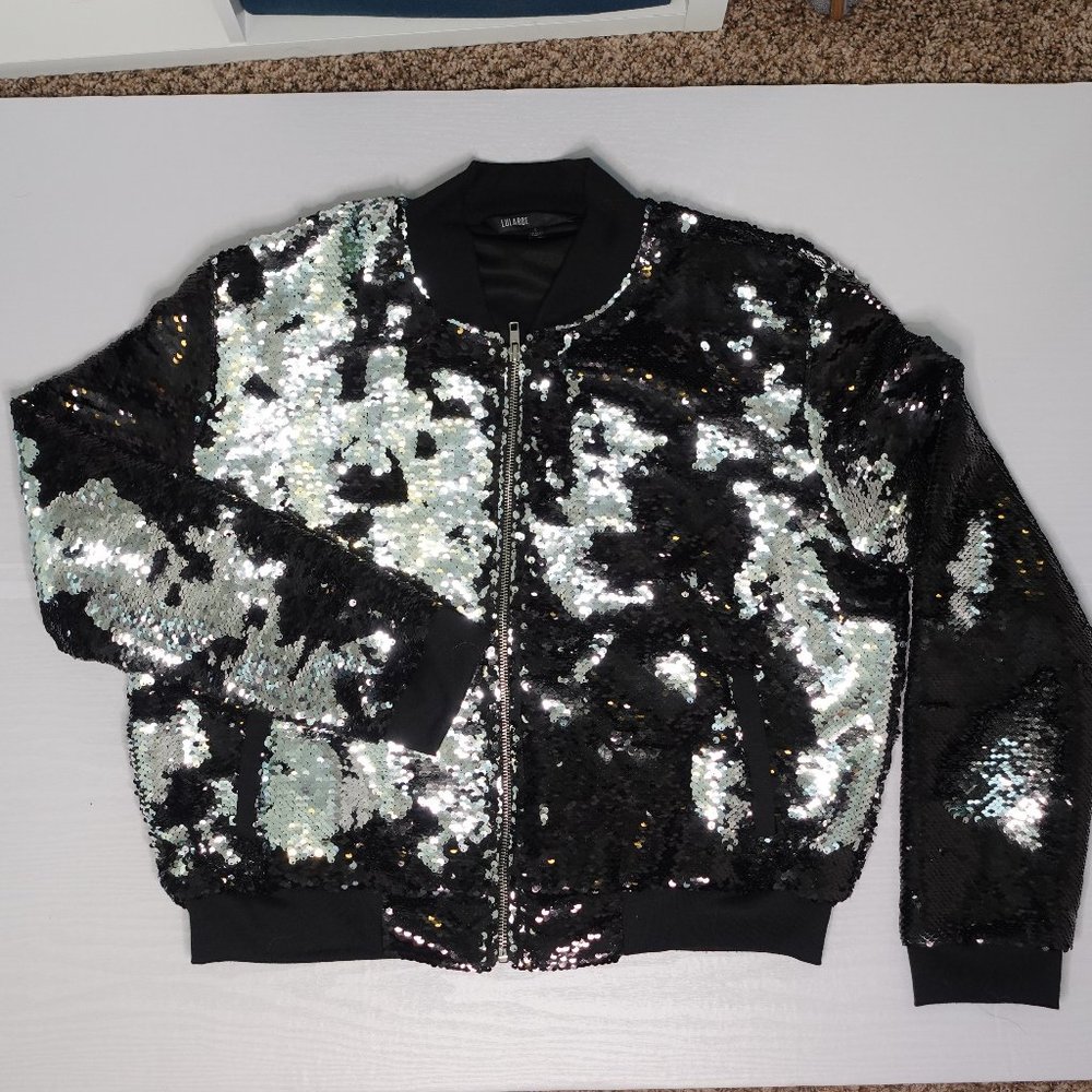Silver and Black Reverse Sequin Bomber Jacket